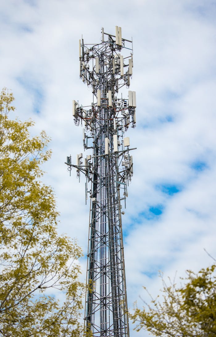 our-journey-03 From below of cellular base station with electronic devices and antennas between trees in daytime